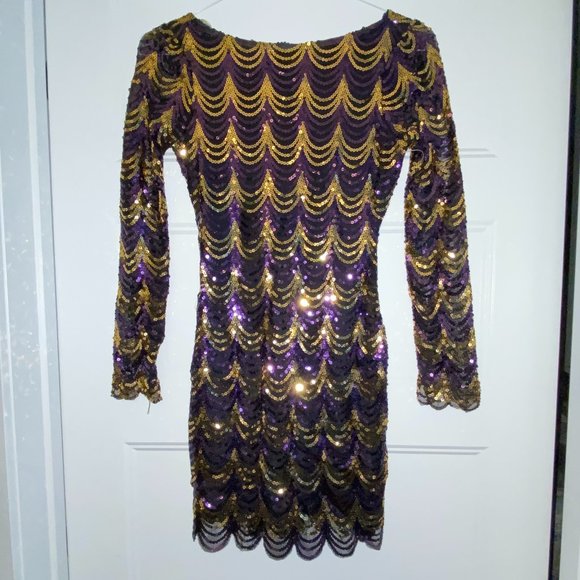 Fancy Cocktail Christmas New Year Sequins Mini Dress size XS Black Gold Purple - Picture 1 of 9